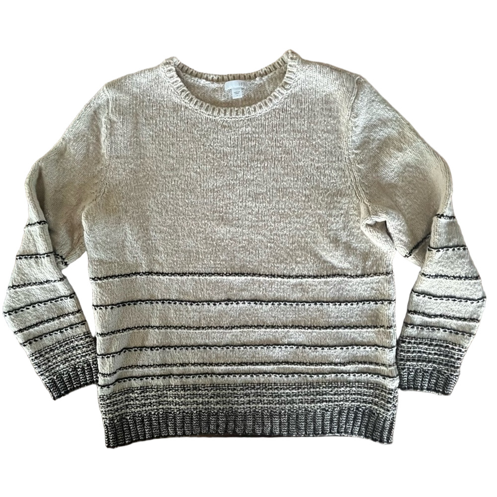 J. Jill Wool and Cotton Knit Crewneck Sweater Cream and Black Size L - Picture 3 of 14